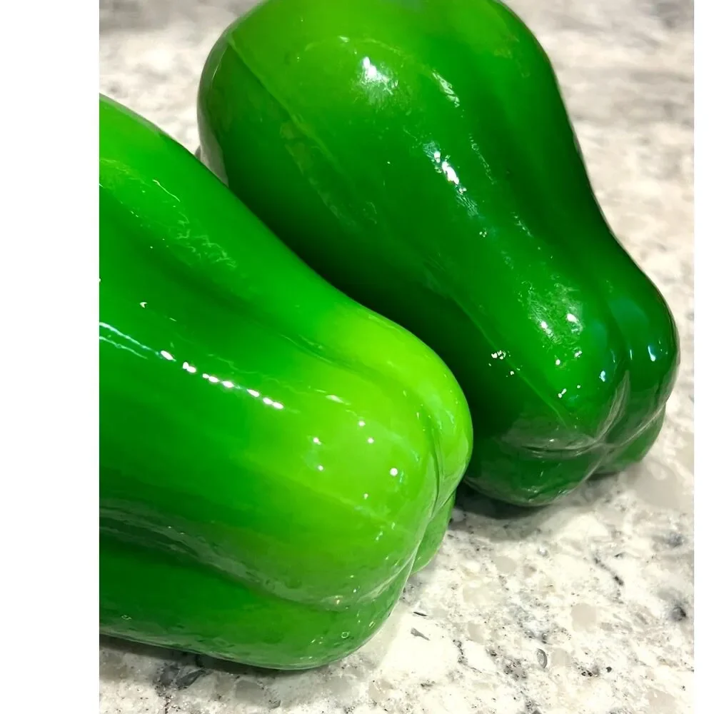 Green Glass Bell Pepper Figurines Set of 2 Molded Art Glass Kitchen Decor